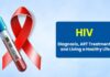 HIV awareness image with red ribbon, HIV test tube, and text about diagnosis, ART treatment, and living a healthy life.
