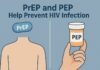Illustration explaining how PrEP and PEP help prevent HIV infection, showing a PrEP pill and a PEP medicine bottle.